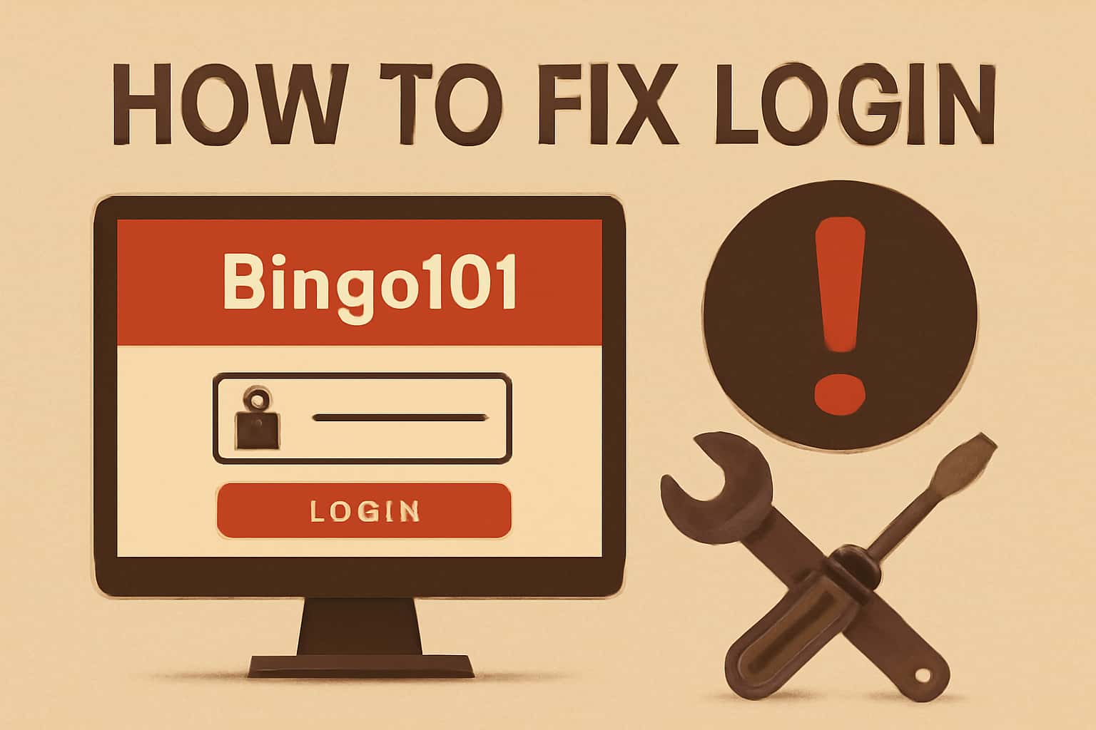 Informational scene depicting the process of fixing login issues for Bingo101.